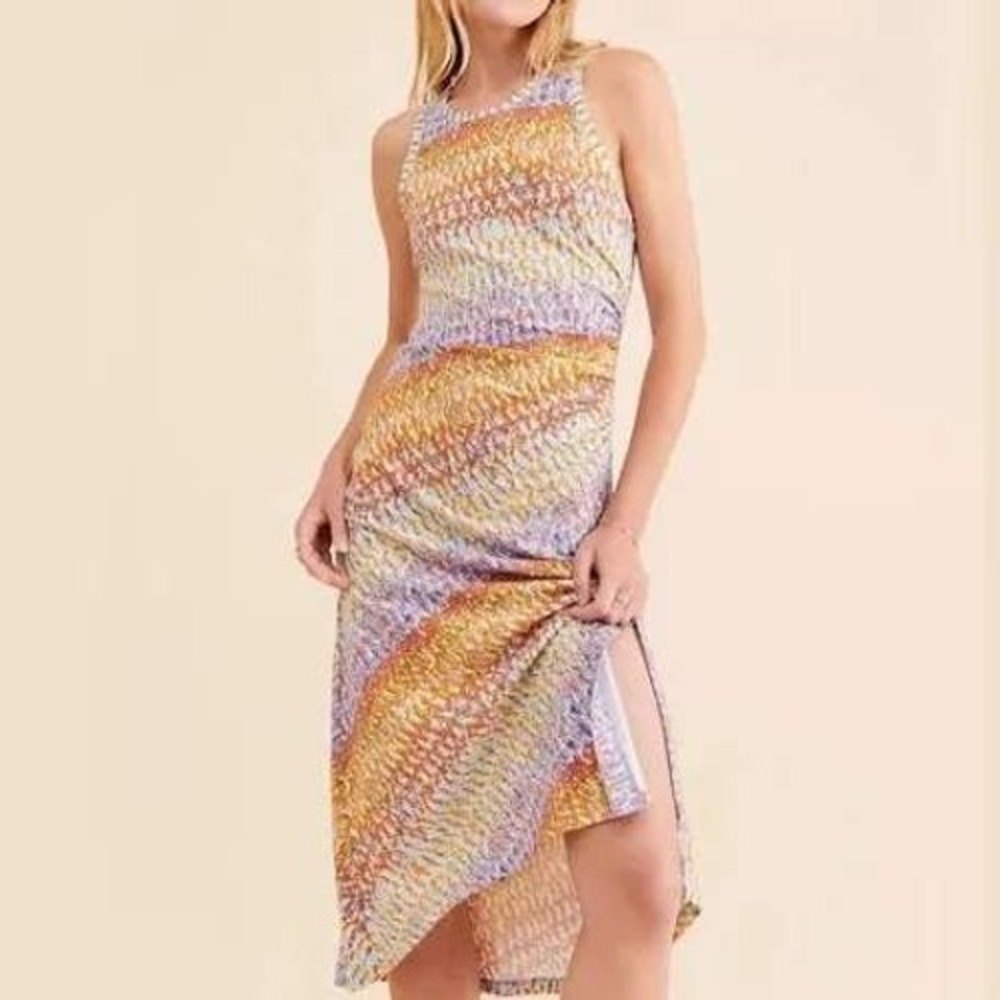 Daily Practice Anthropologie Womens Midi Dress M Multi Space Dye Ruched Slit